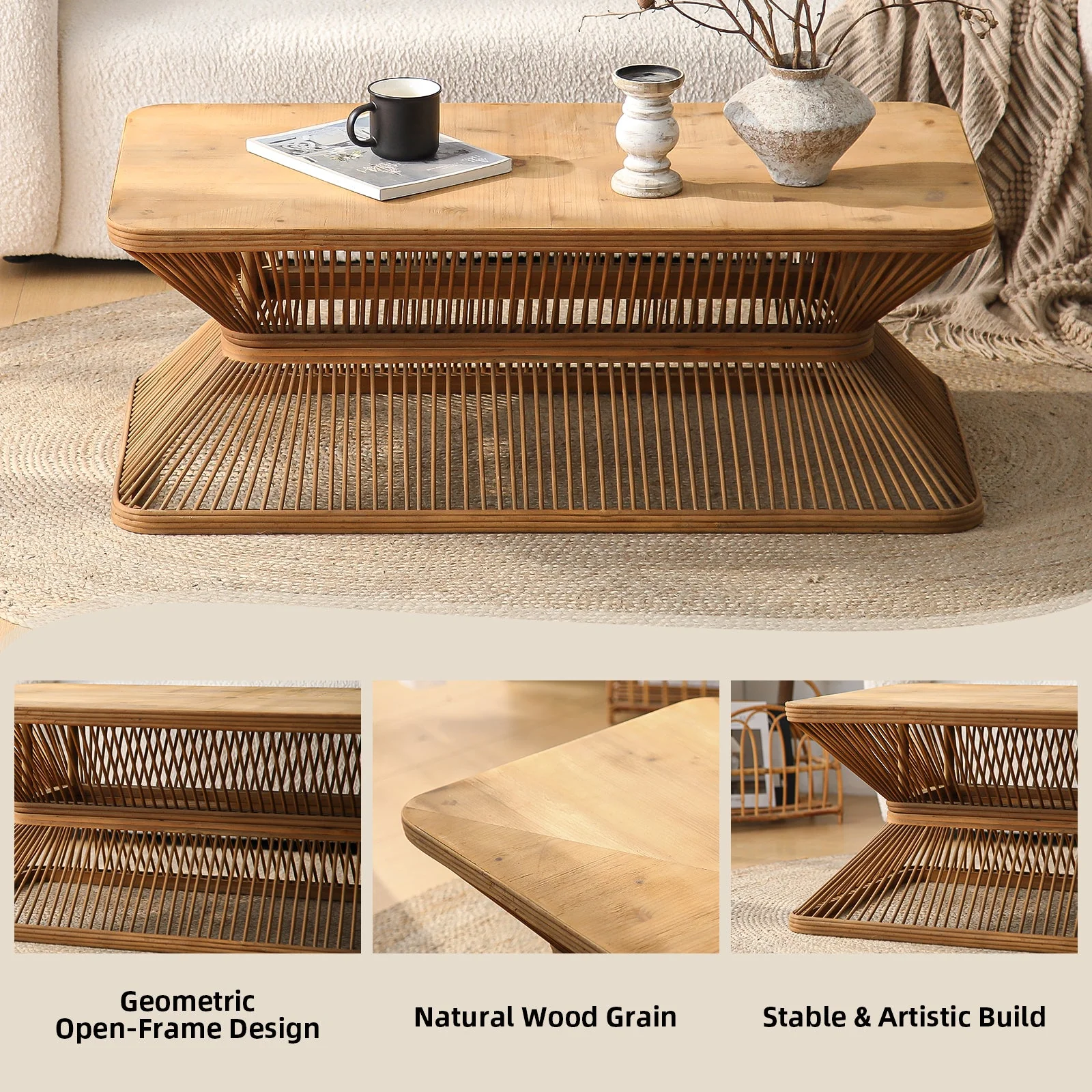 Mid-Century Woven Bamboo Base Modern Coffee Table