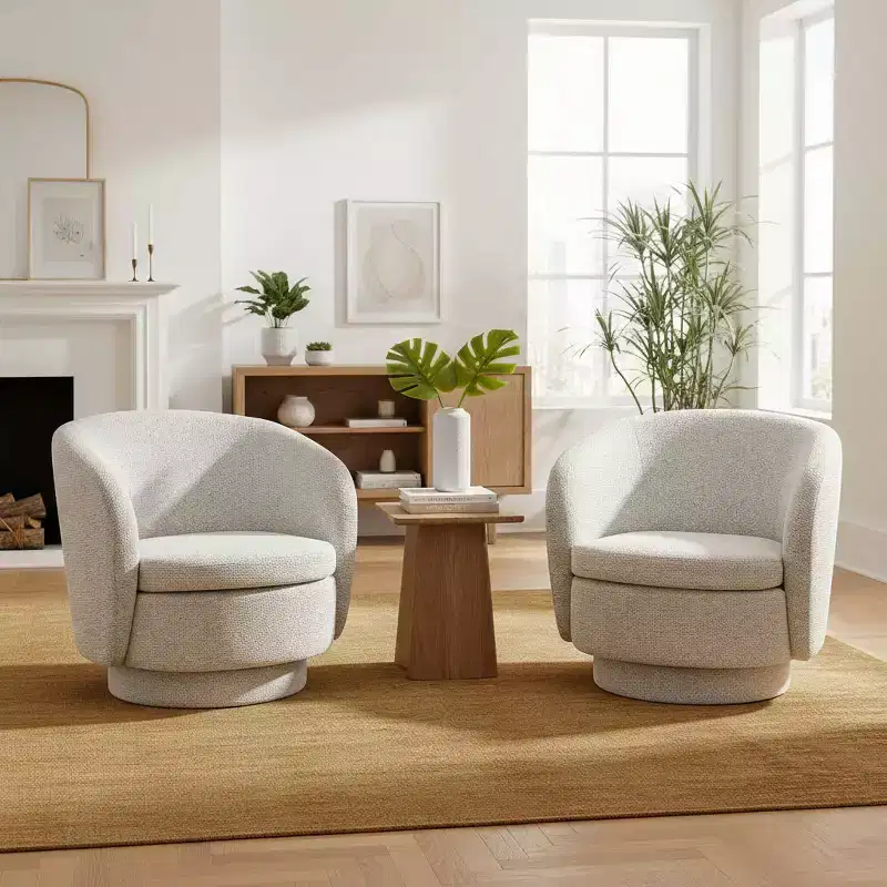 30.5 Modern Swivel Barrel Chair, Textured Tweed Upholstered Round Accent Armchair for Living Room, Bedroom Reading Nook