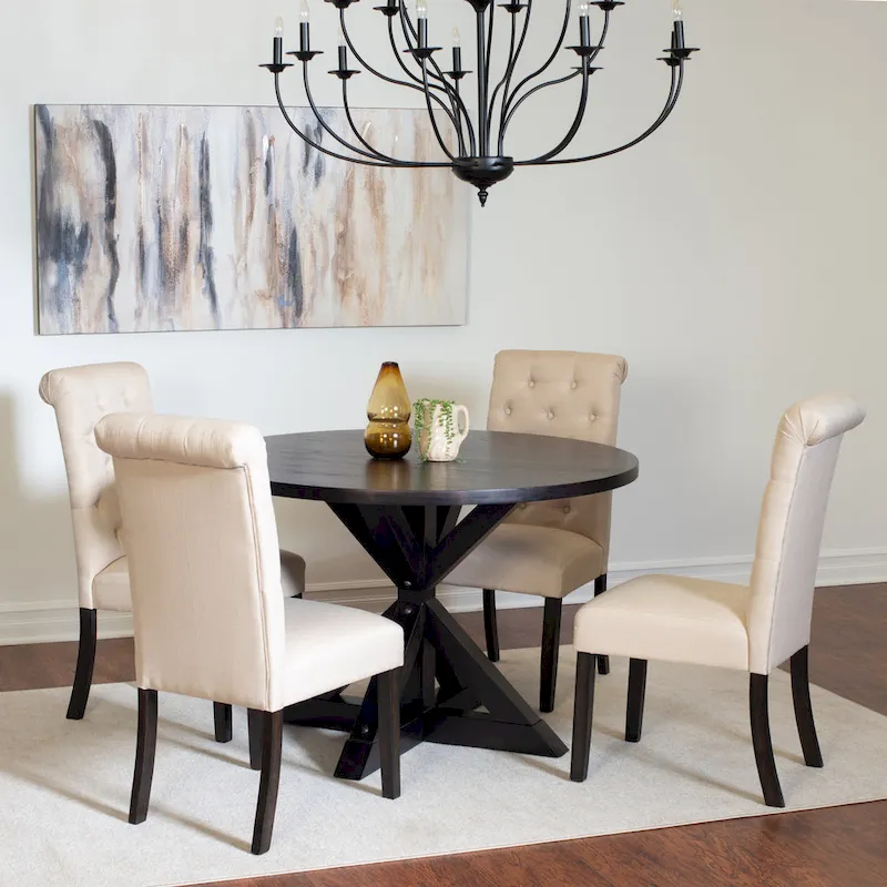 Modern Style 5-Piece Dining Set with Cross Base Round Table and 4 Button Tufted Linen Upholstered Chairs