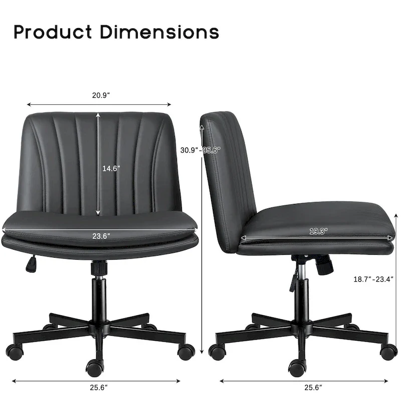 Bossin Criss Cross Chair with Wheels,PU Leather Armless Cross Legged Office chair, Adjustable Wide Seat Task Vanity Chair