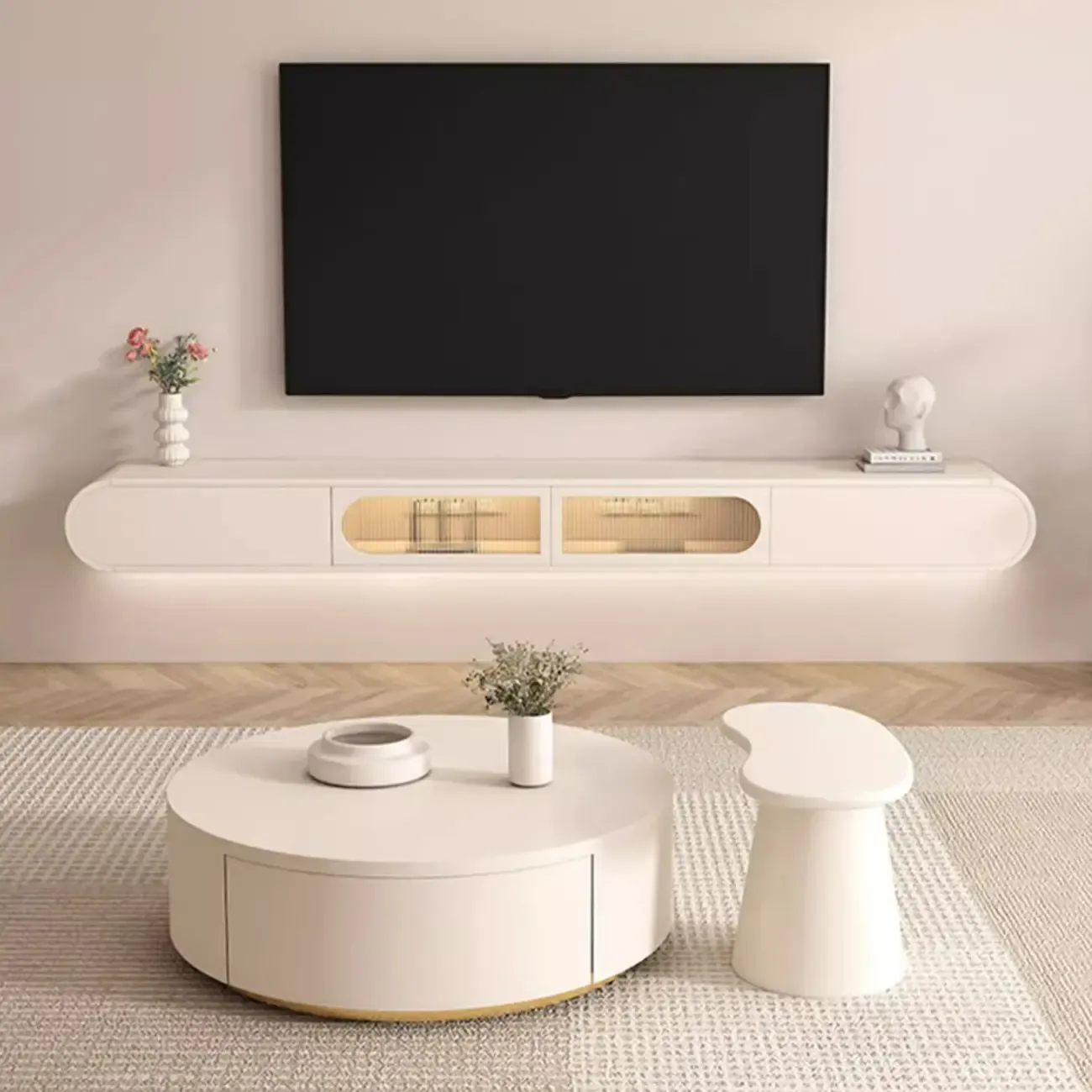 White Wooden Floating TV Stand with Storage for Living Room