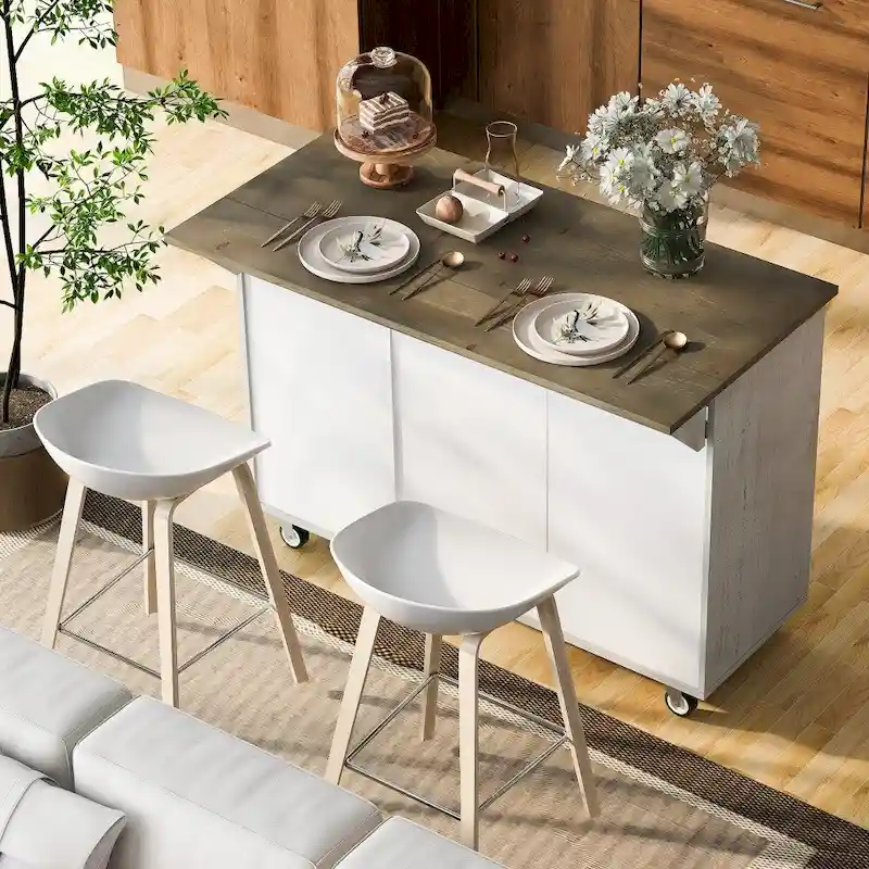 Retro MDF Kitchen Island on Wheels with Drop Leaf and Towel Rack