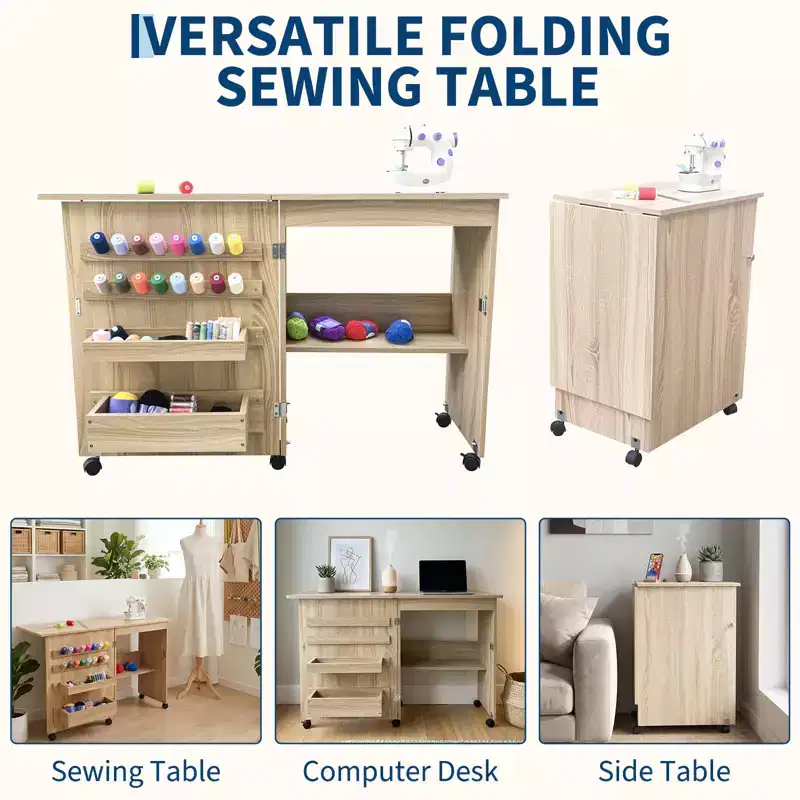 Folding Sewing Table with Wheels, Storage Shelves, Storage Trays, Wooden Pegs for Work and Home