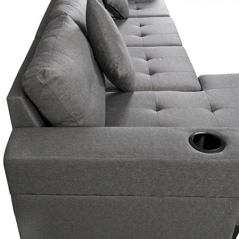 Modern Sectional Sofa Set with Cup Holders and Plush Cushions