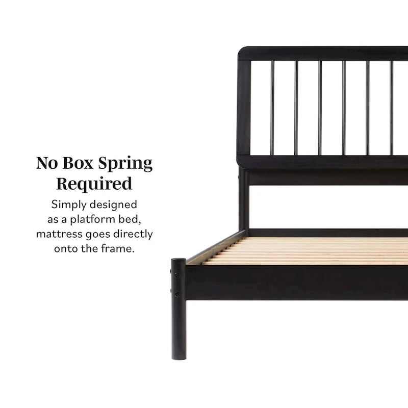 Queen Solid Wood Spindle Bed Frame with Pine Legs – Caramel / Natural Pine / Black, for 1–2 People