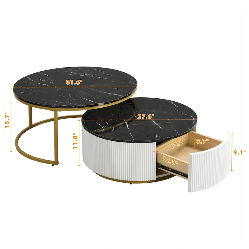 Modern Round Nesting Coffee Table Fluted with Drawer