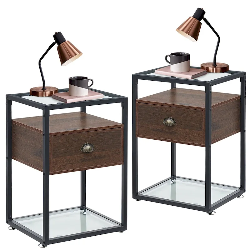 VECELO (Set of 2) Modern 1-Drawer Nightstand with 2-tier Glass Shelves