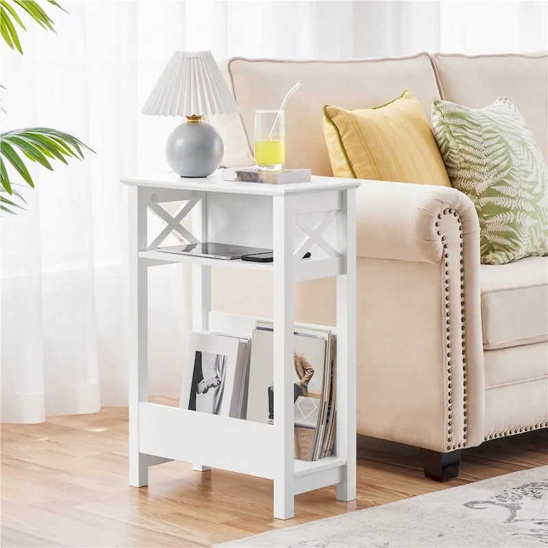 Yaheetech Modern Sofa Side Table with Storage Shelf 3 Tier Slim End Table, White