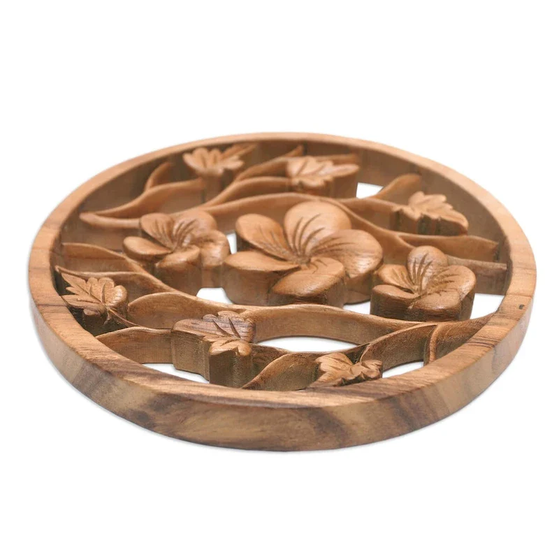 Novica Handmade Frangipani Trio Wood Relief Panel