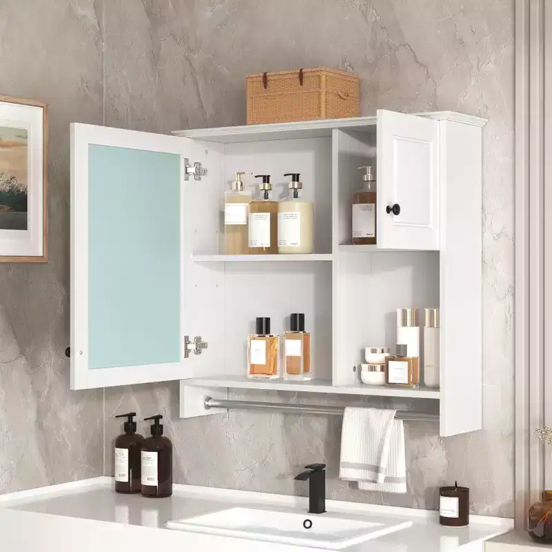 30 in. W x 27 in. H Rectangular MDF Medicine Cabinet with Mirror, Adjustable Shelves, Towel Bar, White