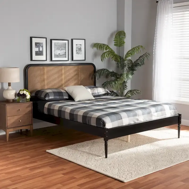 Elston Mid-Century Modern Synthetic Rattan Wood Platform Bed -Charcoal