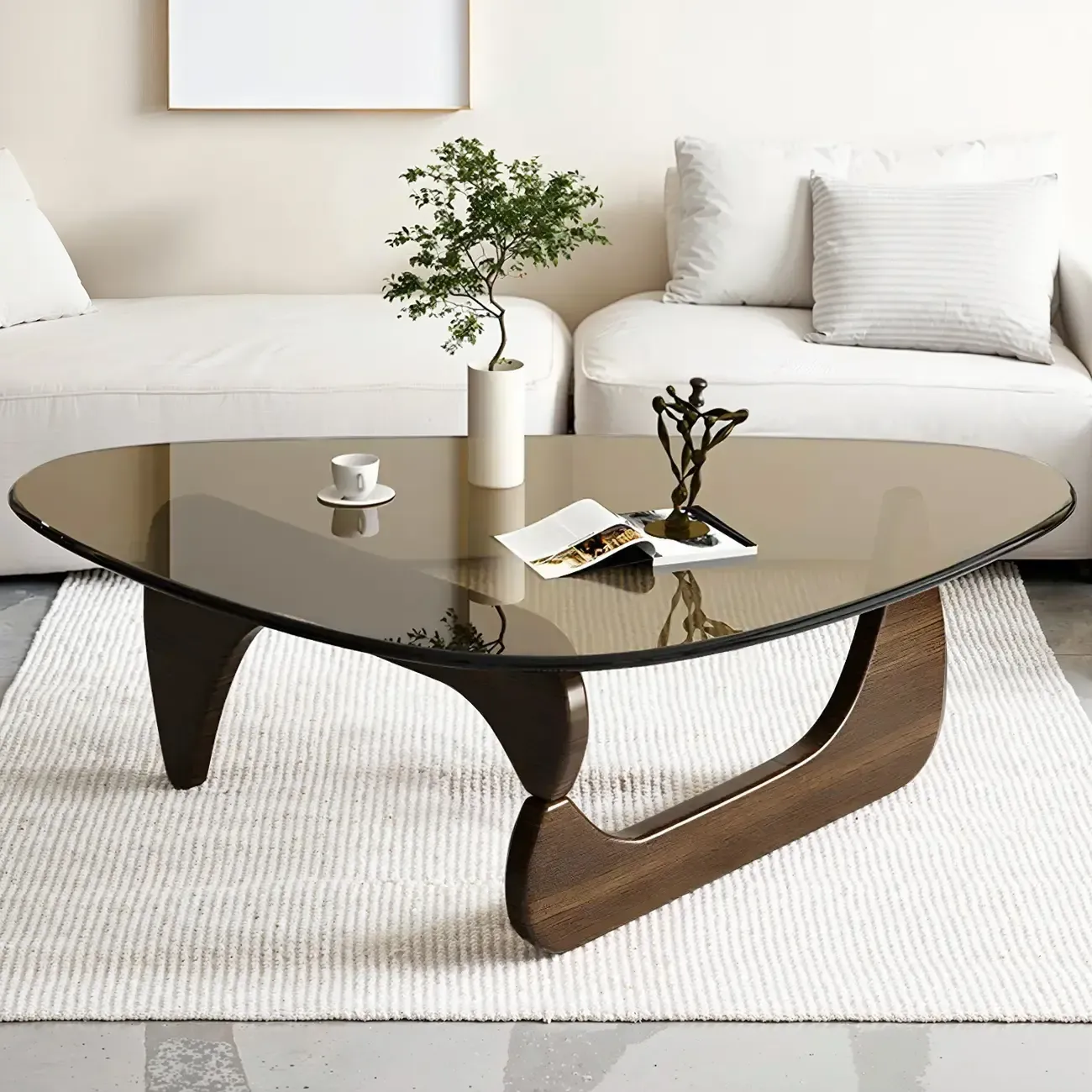 Modern Triangle Glass Coffee Table Wooden Base