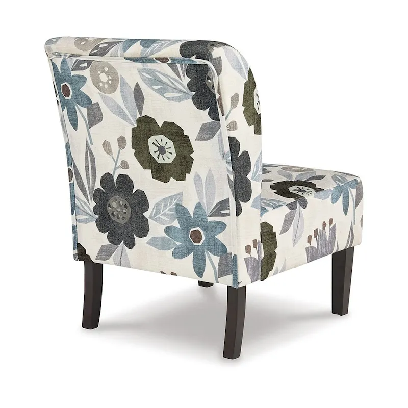 Rima Accent Chair, Ivory Gray Floral Pattern Polyester Cushion, Black Wood
