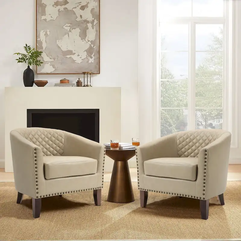 2 Set Vegan Leather Barrel Accent Chairs with Nailheads Trim