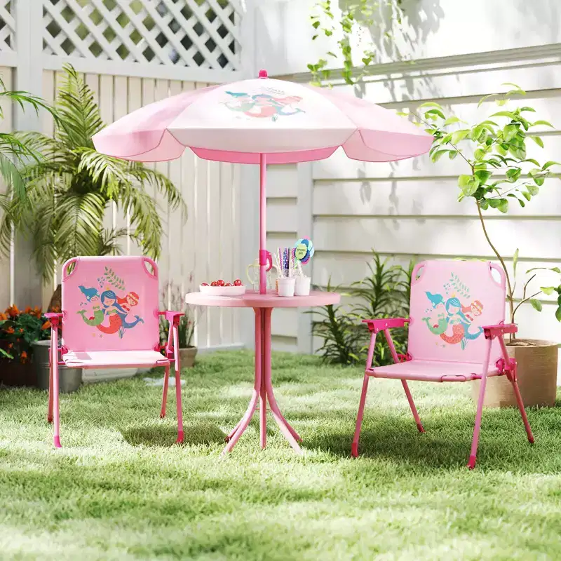 Costway Kids Picnic Table & Chair Set with 2 Folding Chairs & Height Adjustable Umbrella Brown/Green/Pink