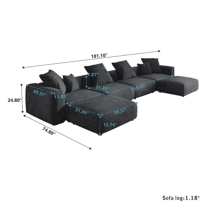 Large U-Shape Linen Reversible Modular Seating Component Sectional with 2 Ottoman