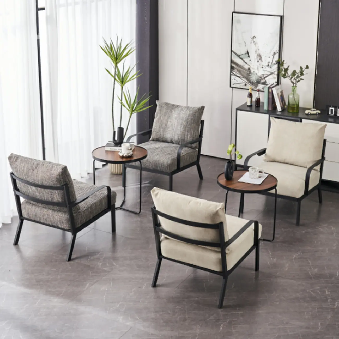 Modern Fabric Metal Arm Chair Beige Ergonomic Design