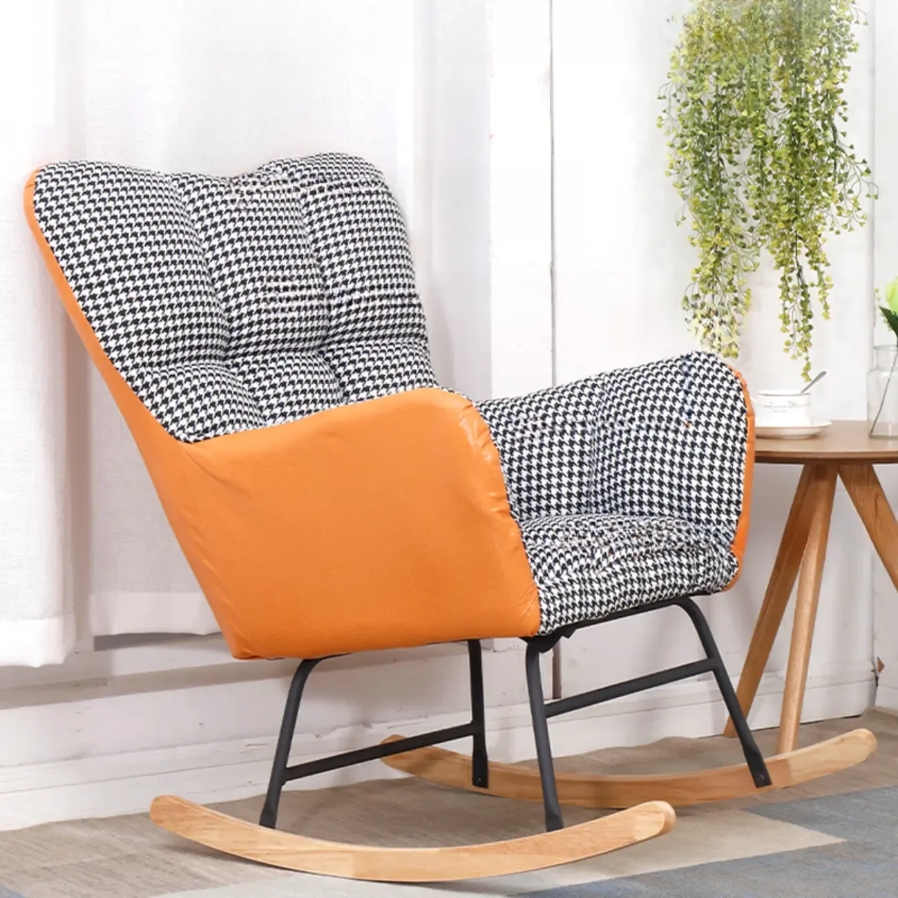 Tech Cloth Upholstered Wood Rocking Chair with Recessed Arm