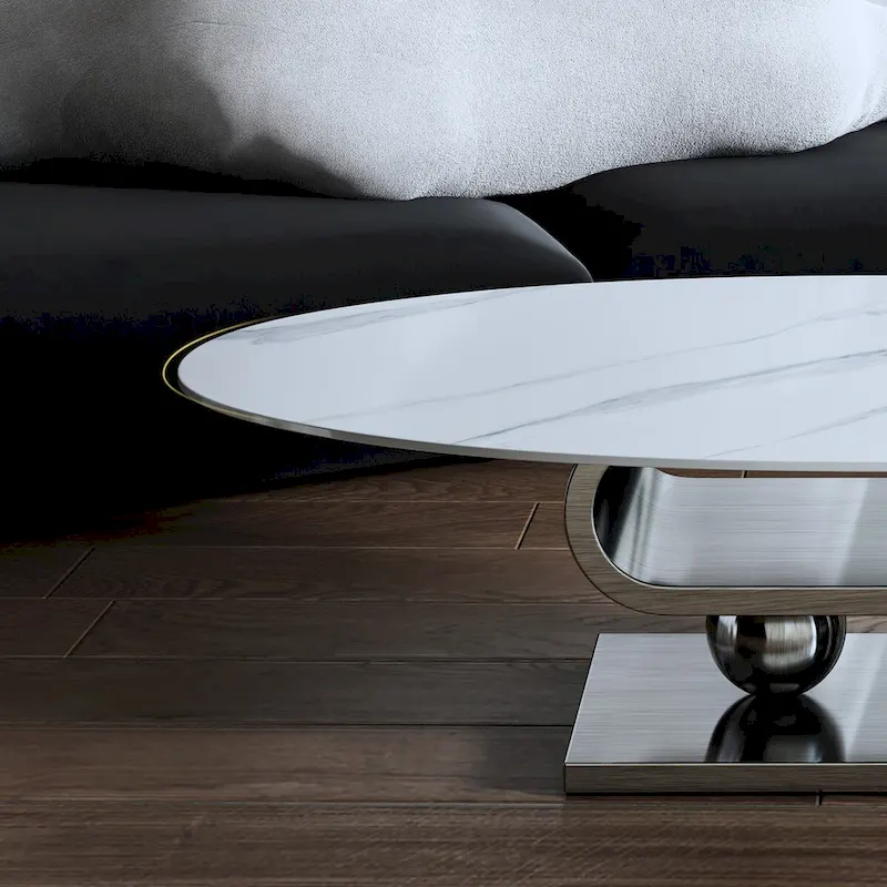 Exquisite Modern Oval Coffee table with white 51L Stone Top and Gold Metal Base