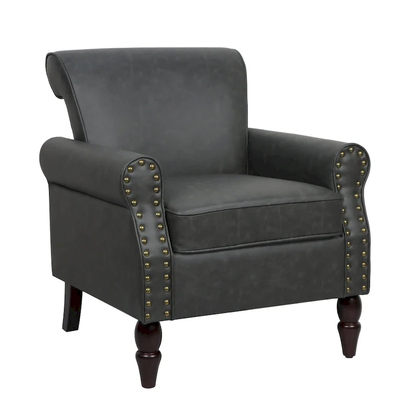 Rolled Armrests PU Accent Chair with Nailhead Trim