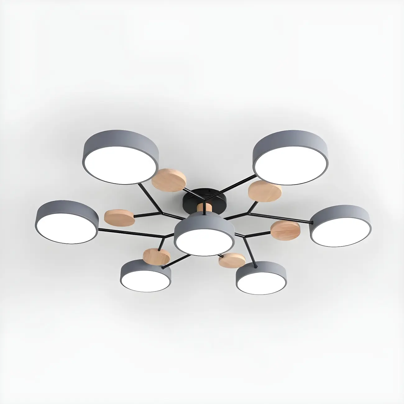 Large Gray Round Metal Semi-Flush Ceiling Light, 7-Light