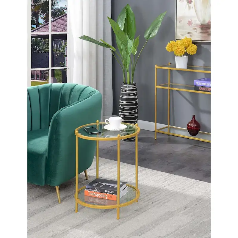 2-Tier Round Tempered Glass End Table, Chrome/Gold Frame, 18