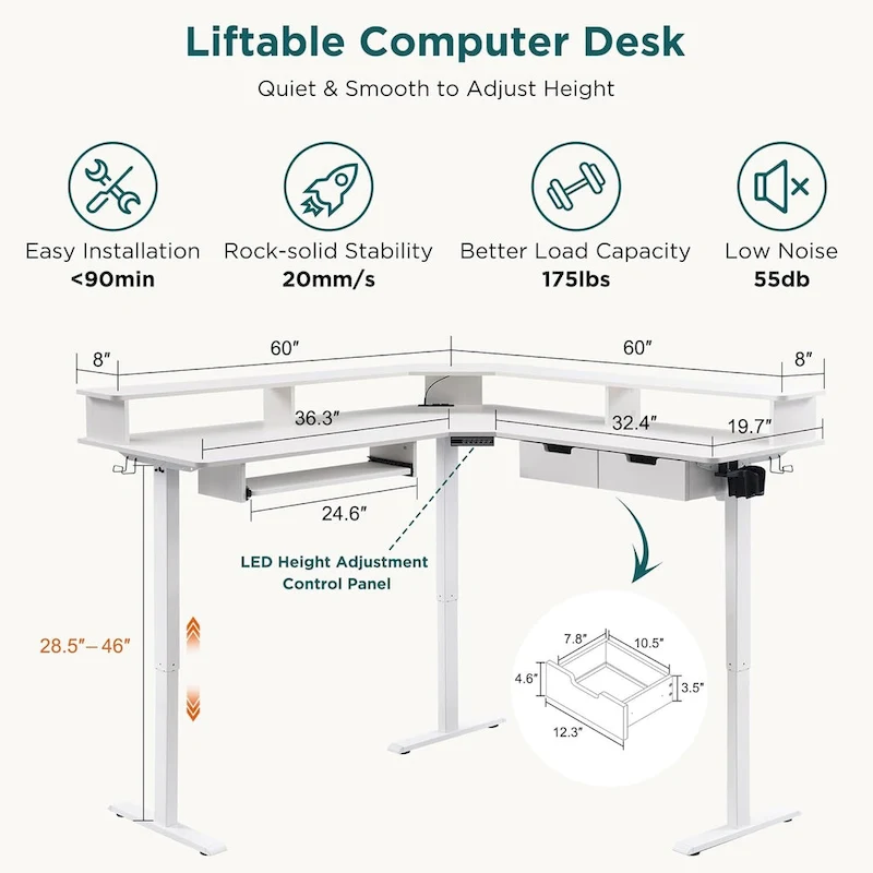 60 L Shaped Electric Comnputer Desk, Height Adjustable Gaming Desk