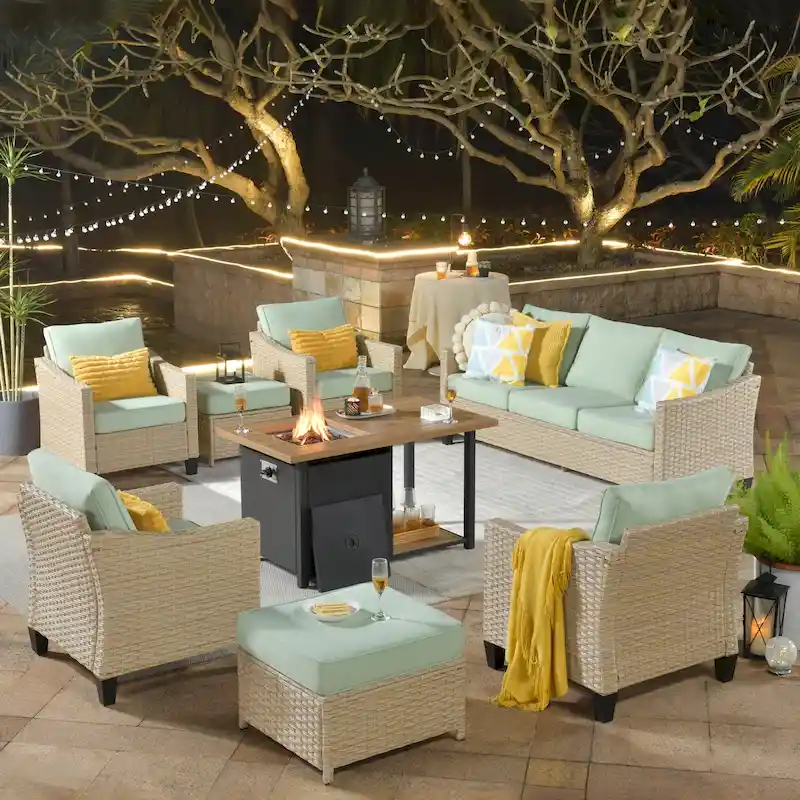 HOOOWOOO 8-piece Patio Wicker Rattan Conversation Set with Multifunctional Fire Pit Table