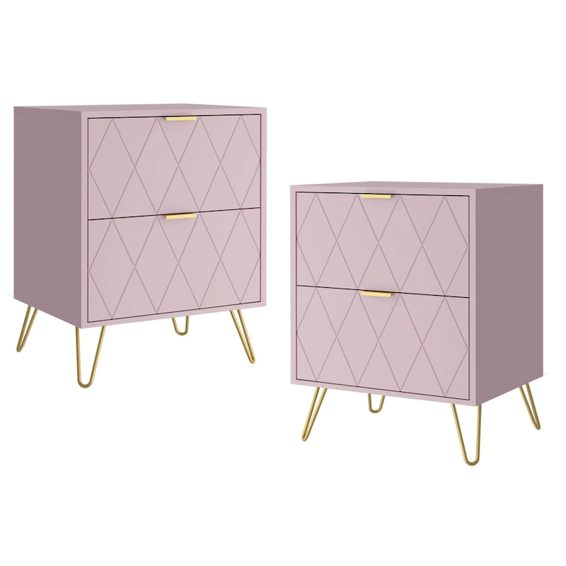 Set of 2 Nightstand 2 Drawer End Side Table Bedside Metal Legs Modern Bedroom Living Room