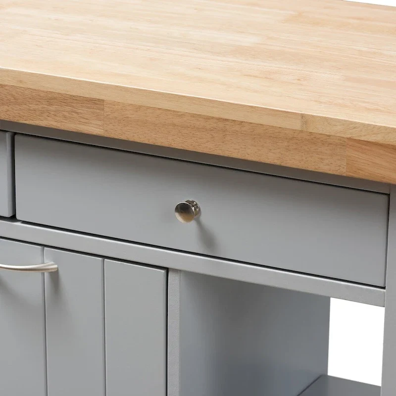 Farmhouse Grey Wood Kitchen Cart with Rubberwood Top