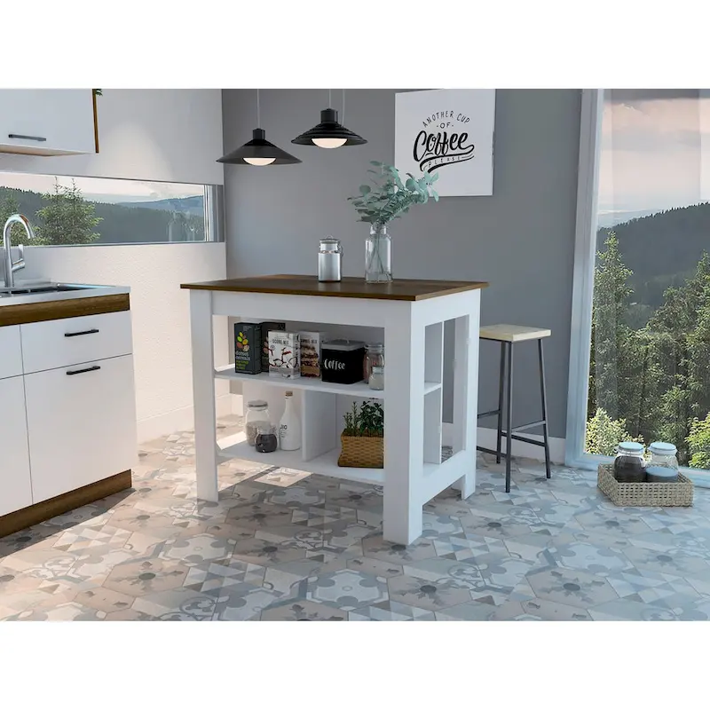 Open Kitchen Island,4 Legs, Three Shelves -White / Walnut