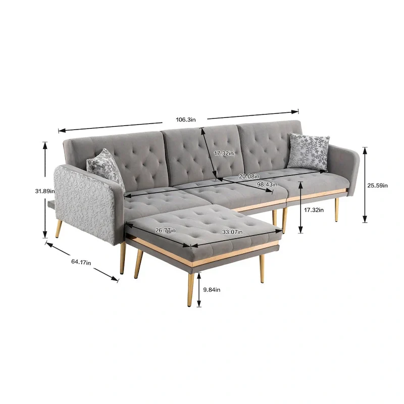 Polyester Upholstered Tufted Sleeper L-Shaped Sectional Sofa With Ottoman