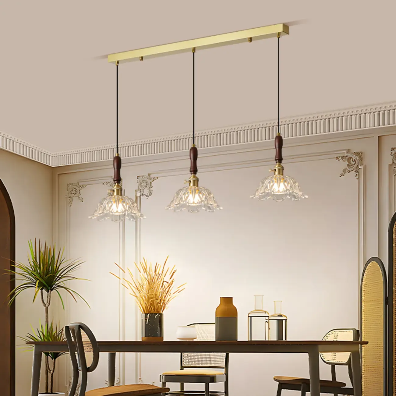 3-Light Modern Floral Glass Gold Island Pendant Light for Kitchen