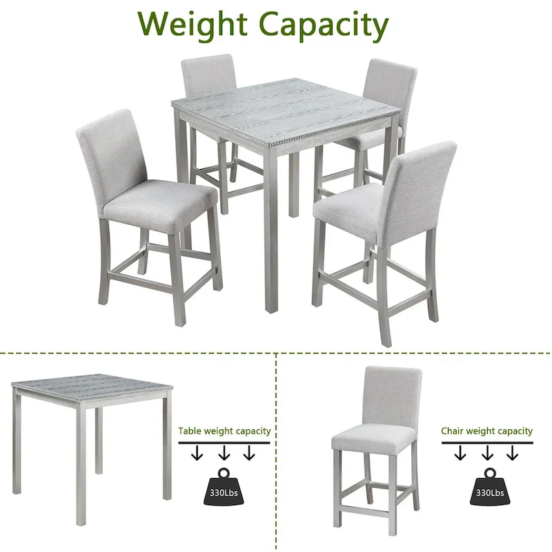 5 Pcs Counter Height Dining Table Set, Wooden Diningroom Furniture Set with Square Table and 4 Upholstered Chairs