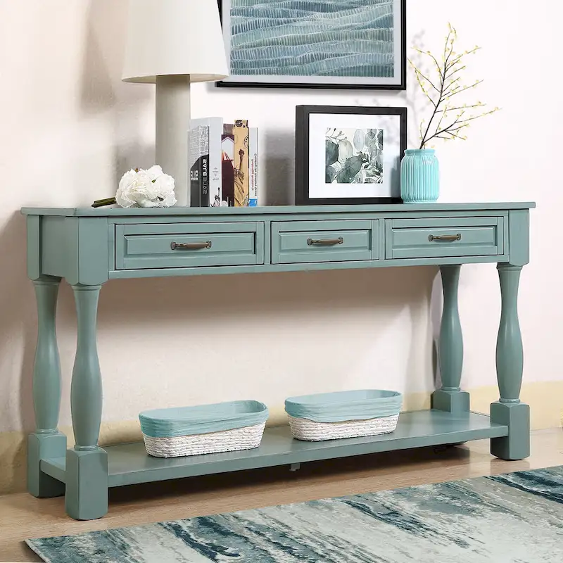 Long Wood Console Table with 3 Drawers and 1 Bottom Shelf