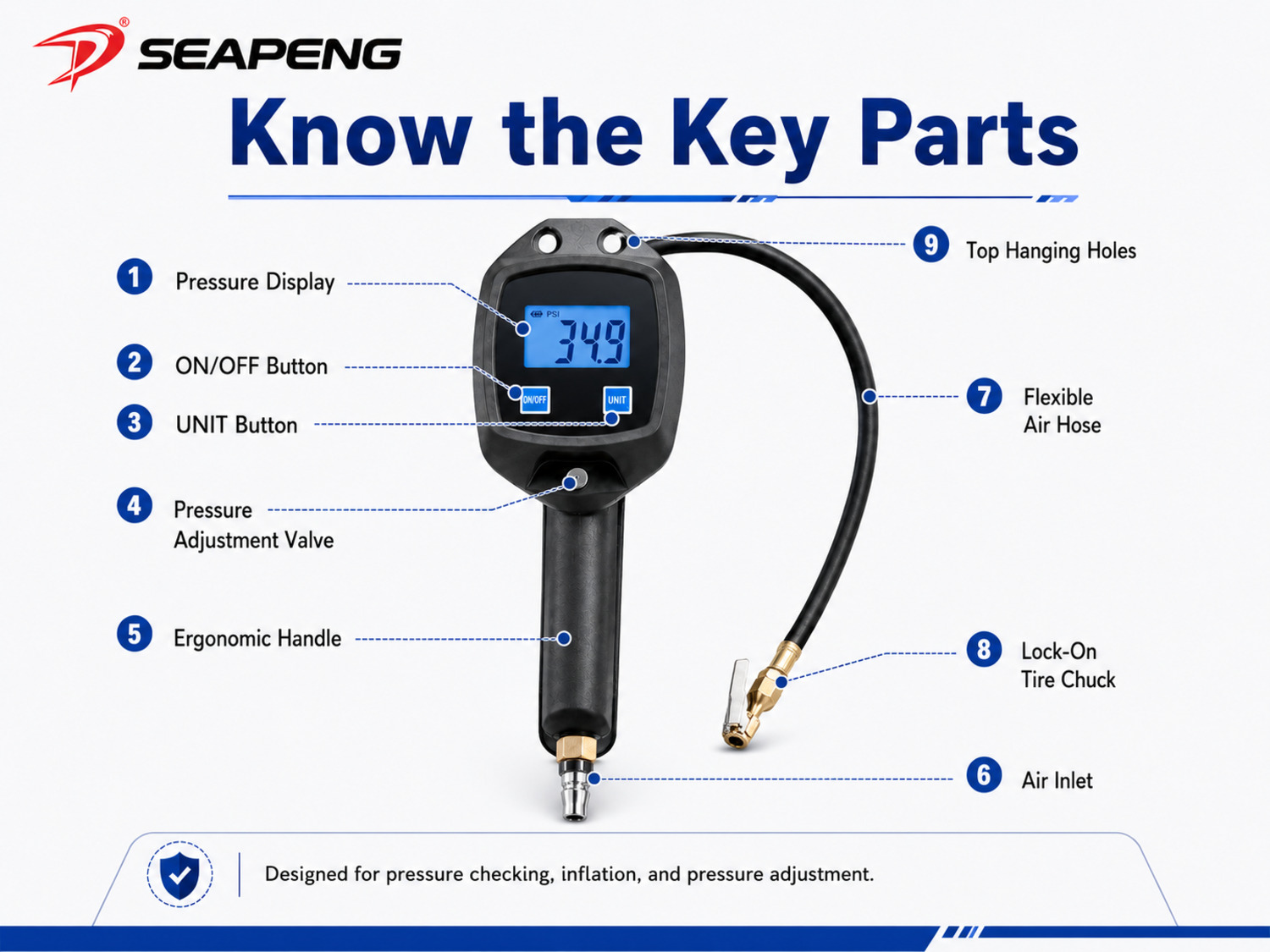 SEAPENG BW-L01 LCD digital tire pressure gauge display
