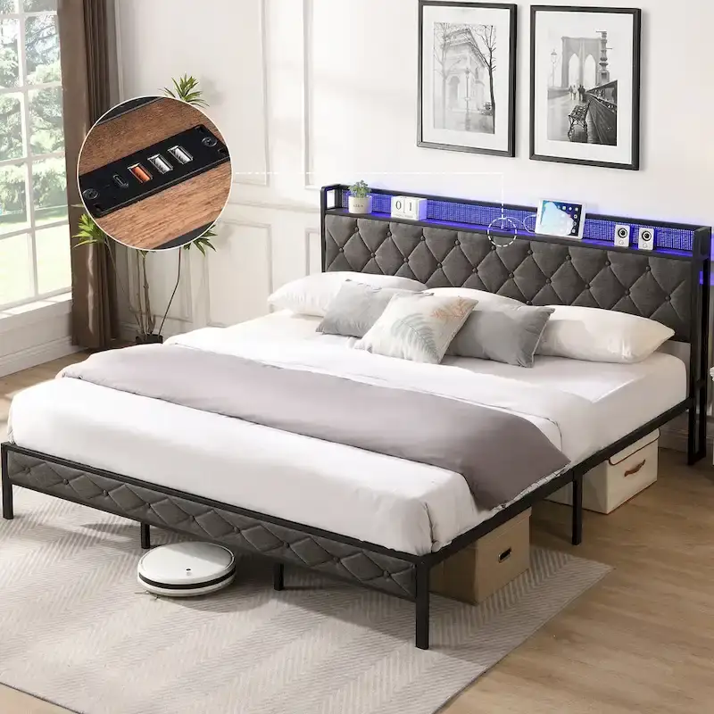 King Upholstered Bed Frame with Storage Headboard, Charging Station and LED Lights