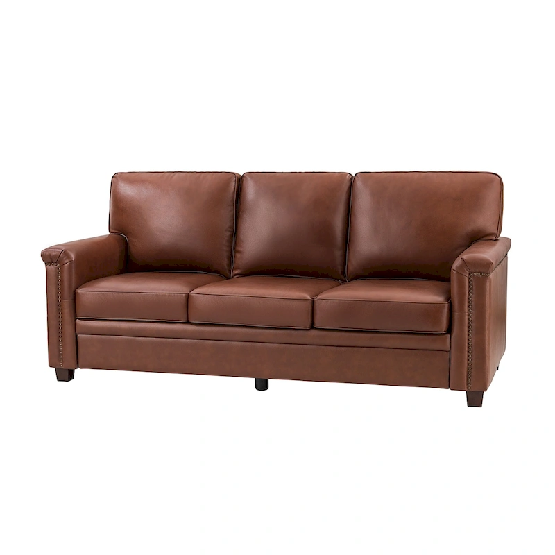 Rita Living Room 3-Seat Genuine Leather Sofa with Solid Wood Legs and Nailhead