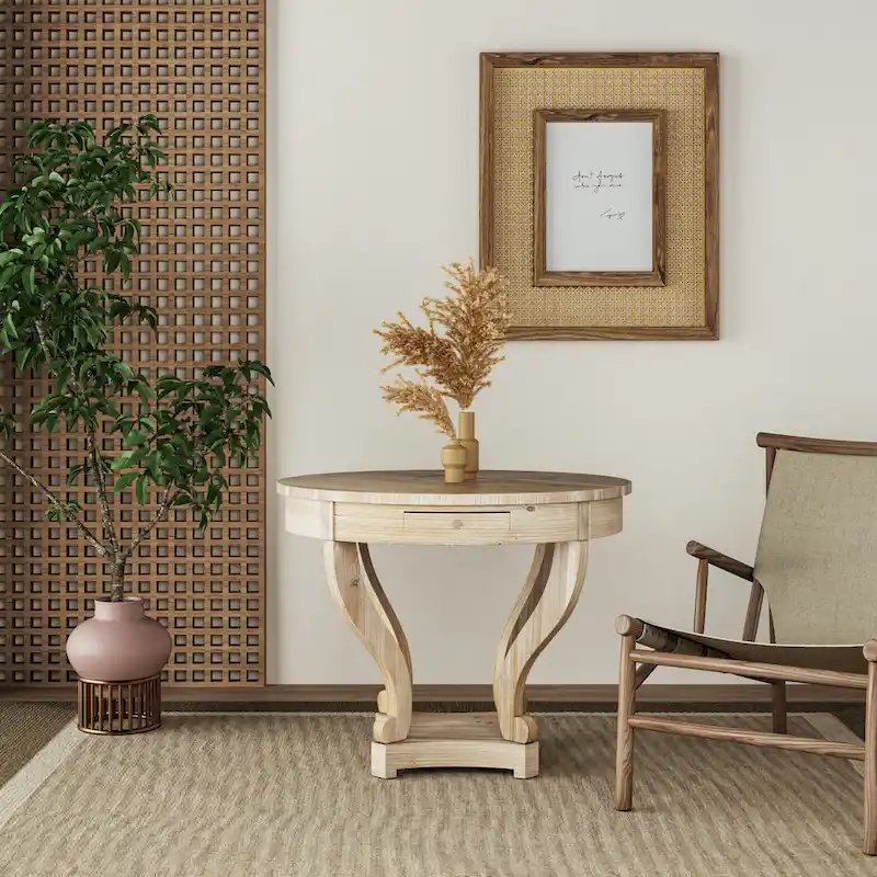 32 in. Farmhouse Wooden Small Size Round Dining Table End Table Coffee Table