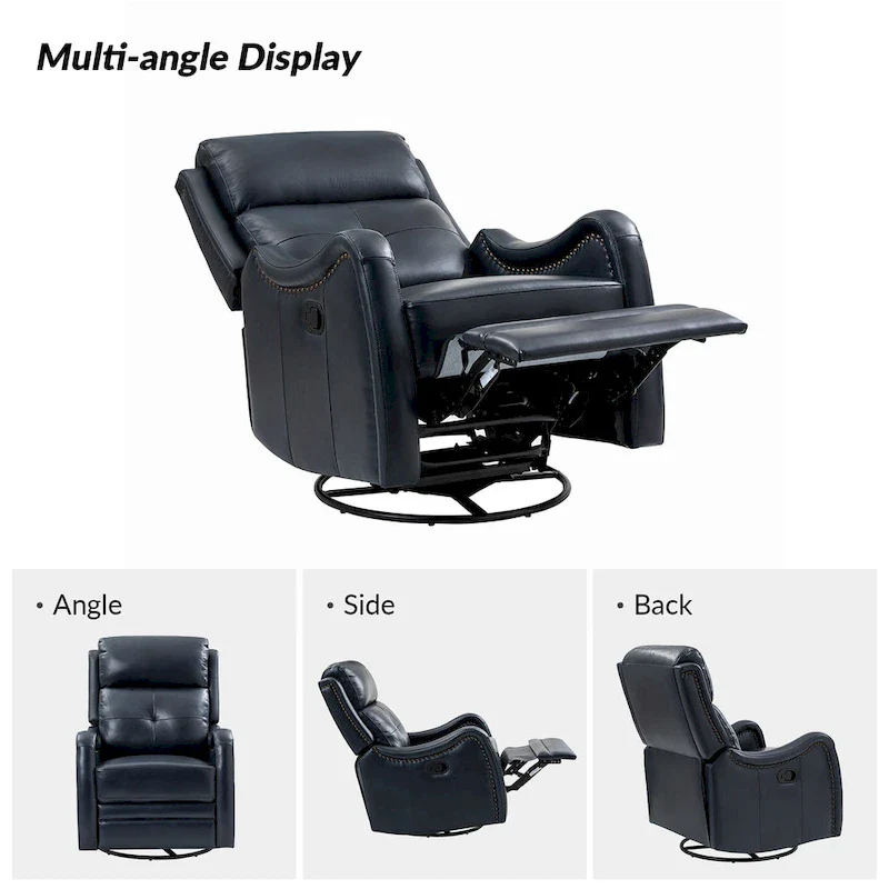 Genuine Leather Swivel Rocker Recliner with Nailhead Trims by