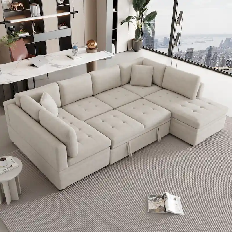 117.3 Oversized Sectional Sofa U- shaped Sofa Couch Pull-out Sofa Bed with Two Throw Pillows for Living Room, Beige
