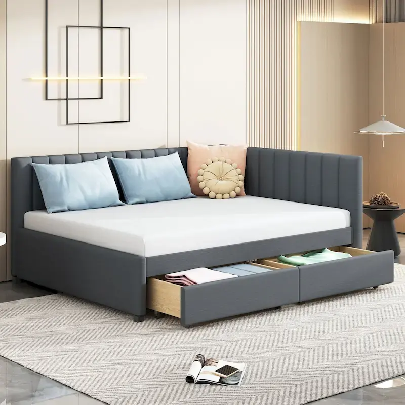 Full Size Upholstered Daybed with 2 Storage Drawers Sofa Bed Frame No Box Spring Needed