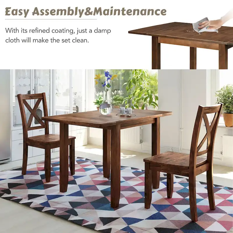 3-Piece Wooden Breakfast Nook Dining Table Set with Drop Leaf Table