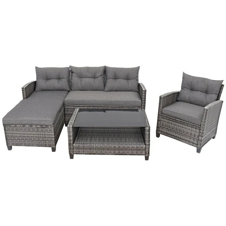 4 Pieces Patio Rattan Furniture Set with Cushion and Table Shelf - 27.5 x 47 x 30 (L x W x H)