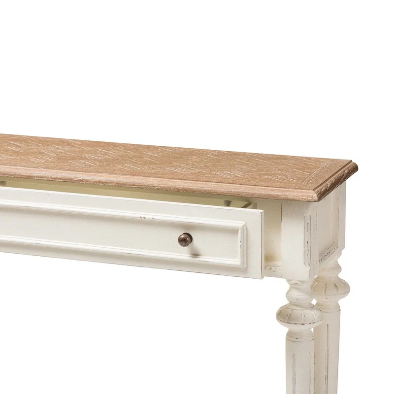 French Provincial Style Console Table in Weathered Oak and White Wash Distressed Wood Finish