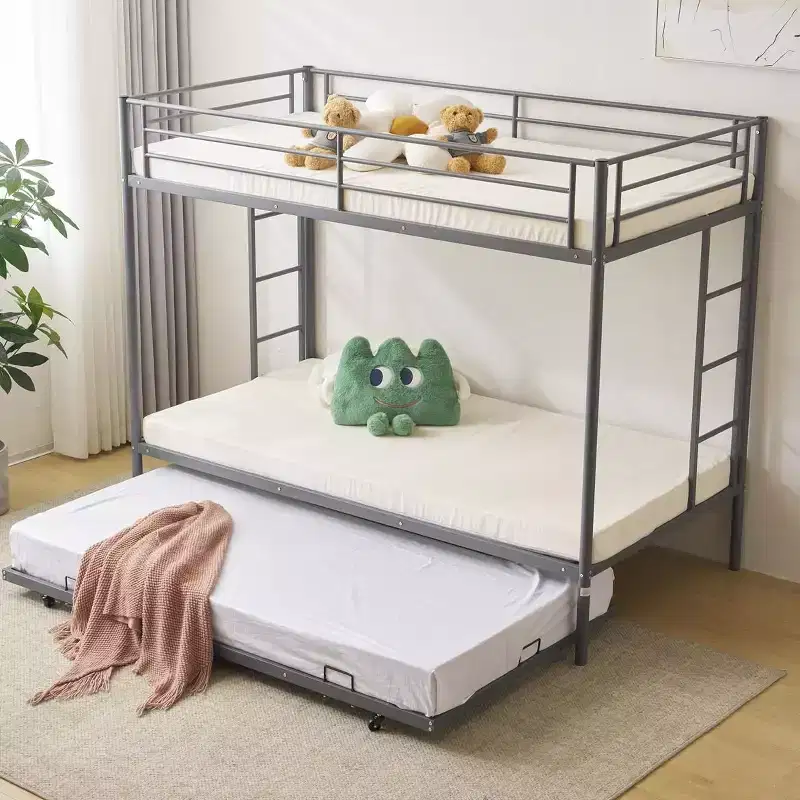Karl Home Blcak Twin over Twin Bunk Bed with Trundle, Heavy Duty Metal Bed Frame with Safety Rail Side Ladders