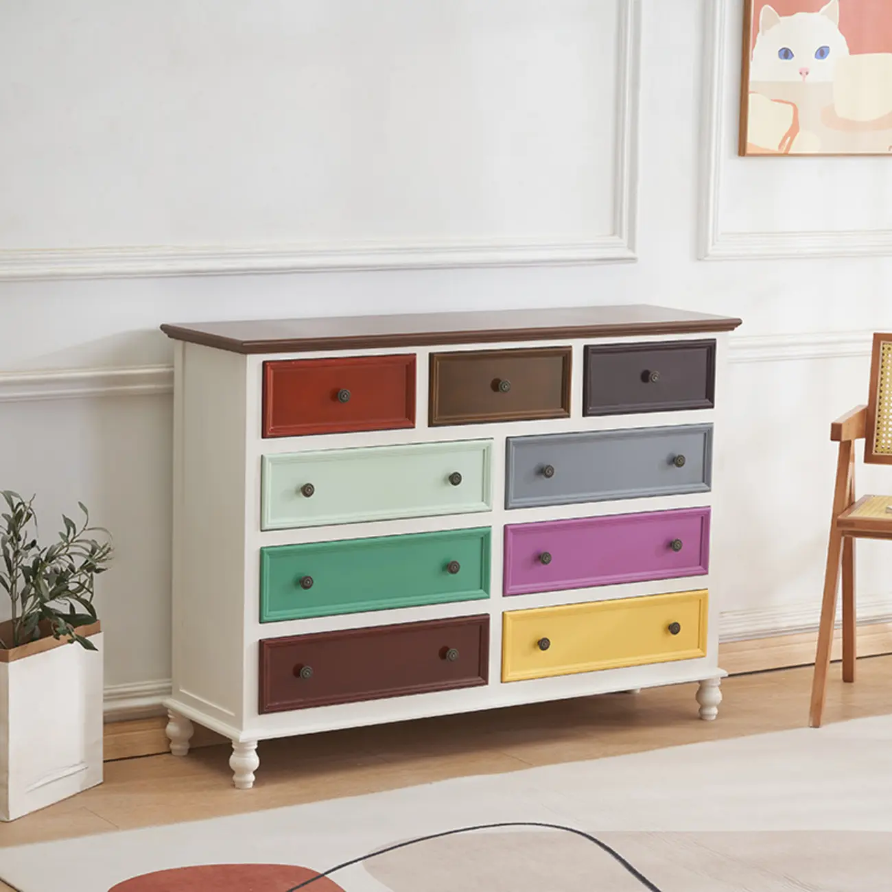 French Square White Wooden 7-Drawer Chest