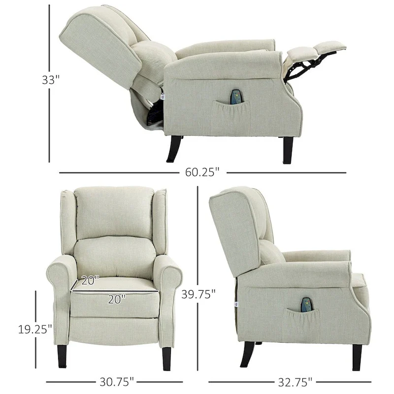 Massage Linen Recliner Chair with Heat,Footrest and Side Pocket