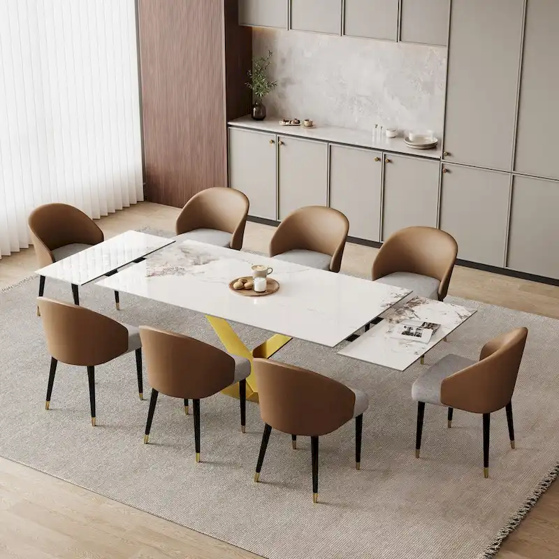 9 - Piece 94.48 Rectangular Extendable Sintered Stone Dining Table with 8 Faux leather Chairs Dining Set