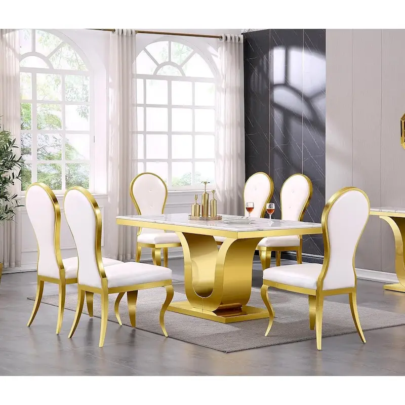 Modern Luxurious White Leather Dining Chairs with Polished Gold Stainless Steel Legs